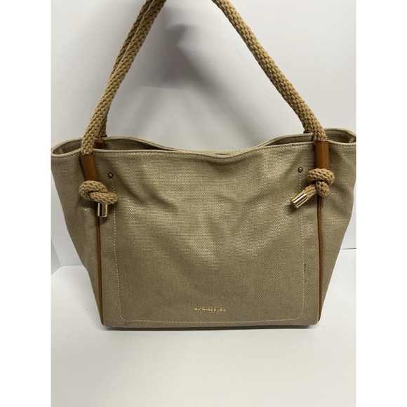 Michael Handbags - Michael Kors Isla Large Natural Burlap Tote Rope Leather  Purse